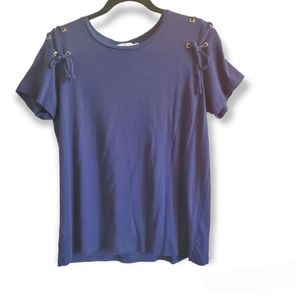 𝅺Michael Kors Grommets Lace-up Short Sleeve Navy Blue Knit Top size L